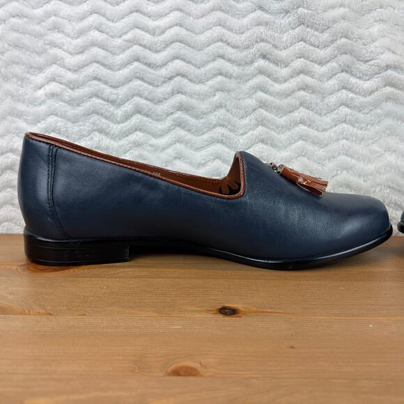 Trotters Womens Liz Tassel Loafers Navy Leather Brown Comfort Flat Shoes Sz 8M - Picture 8 of 11